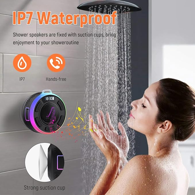 IPX7 Waterproof Shower Bluetooth Speaker, Portable Small Speaker with Suction Cup and Time Display, Loud Crystal Sound & Bass 10H Playtime 1100mAh, Wireless Shower Speakers for Pool, Beach Gift Black