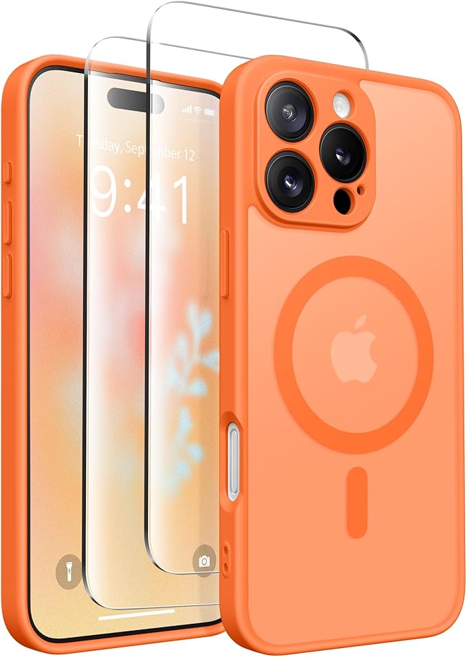 CAPRARO Magnetic Compatible with iPhone 16 Pro Case, Upgraded [Full Camera Protection] [Compatible with MagSafe] Protective Translucent Matte Women Girl Phone Case Cover, Orange Yellow