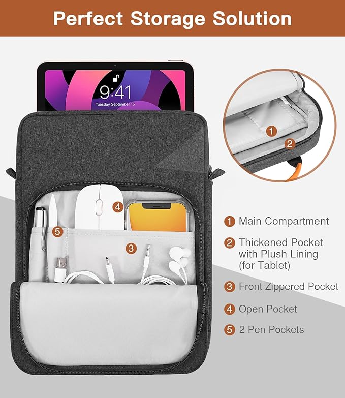 MoKo 13 Inch Tablet Sleeve Bag, Fits with 13 Inch New iPad Pro M5 & Air M4/M3, iPad Pro 12.9 M2&M1,Surface Laptop Go 12.4,Galaxy Tab S8+/S9+ 12.4,Handle Carrying Case with Shoulder Strap,Black &Gray