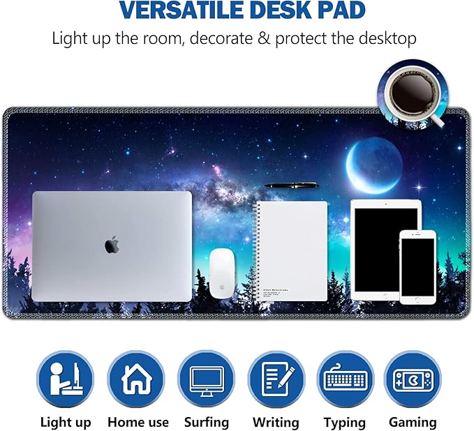 Large Gaming Mouse Pad, AIMSA Extended Mouse Pad with Stitched Edge, XL Keyboard Mouse Mat Non-Slip Rubber Base Desk Pad 31.5x15.7inch for Office Home Game Work -Forest Moon Sky