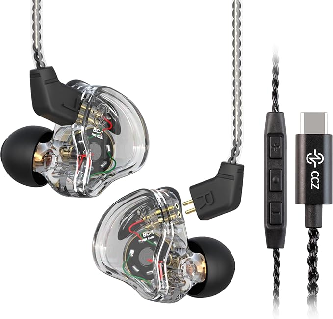 CCZ Melody USB C Headphones Wired Type-C in Ear Monitor, Professional USB C Wired Earbuds Gaming Earphones with 1BA 1DD Patent Ear fins Ear tips for Singer Musician Stage (Clear Black, USBC-With Mic)