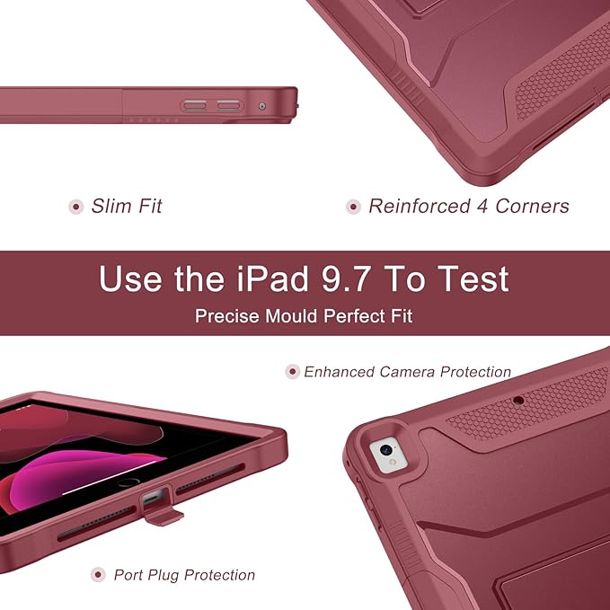 Soke Case for iPad 6th/5th Generation 9.7 Inch 2018/2017,with Built-in Screen Protector and Kickstand, Rugged Full-Body Heavy Duty Protective Cover for Apple iPad Air 2 /Pro 9.7 - Dark Red