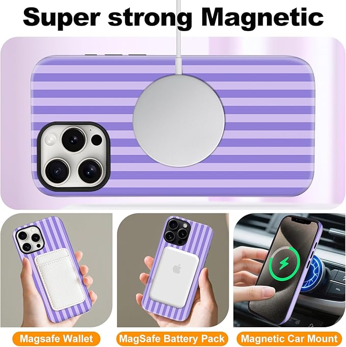 Magnetic for iPhone 15 Case Cute Stripes Phone Case, Shockproof Slim TPU and Hard PC Protective Phone Cover Compatible with MagSafe Designed for Women Girls, Light Purple