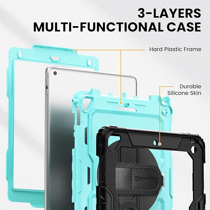 Timecity Case for iPad 6th/5th Generatio 9.7 Inch 2018/2017 with Rotating Stand/Strap, Full-Body Silicone+PC Protective Case for iPad 5th/6th Gen/Air 2/ Pro 9.7 - SkyBlue