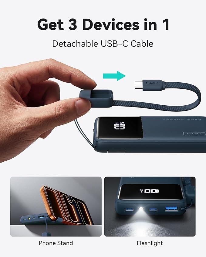 INIU Portable Charger, Compact 45W Fast Charging Power Bank, 10000mAh USB C Battery Pack with Cable & Stand, TSA Travel Phone Charger for iPhone 17 16 15 14 Pro Max, Samsung S26, iPad etc, Blue
