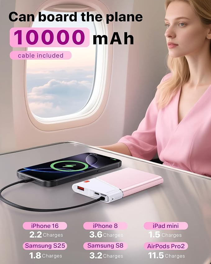 Aaoyun Portable Charger Power Bank, 10000mAh 22.5W PD Fast Charging Powerbank with Built-in USB C Cable, Slim External Phone Battery Pack for iPhone 17/16/15 Samsung S24 Android etc (Pink)