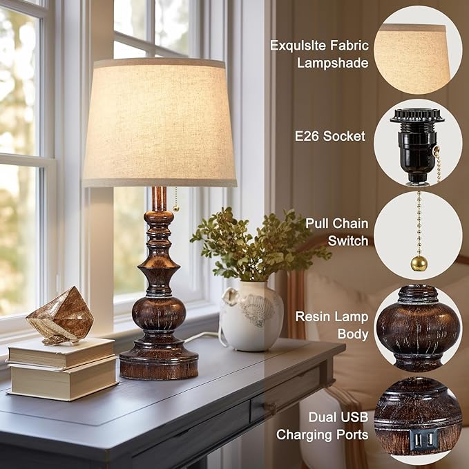 Drawealth Vintage Bedside Table Lamps Set of 2 for Bedroom Nightstand Lamps with USB Charging Ports Rustic Farmhouse Small Table Lamp for Living Room End Tables Brown Wooden Finish, Pull Chain