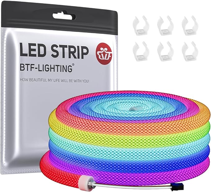 BTF-LIGHTING 9.8FT WS2811 WS2812B IC RGB DC5V 360 Degree Round Reticulate Pattern Chasing Color Neon LED Strip Flexible Nylon Silicone IP67 Waterproof Dream Color Rope Light(No Adapter or Controller)