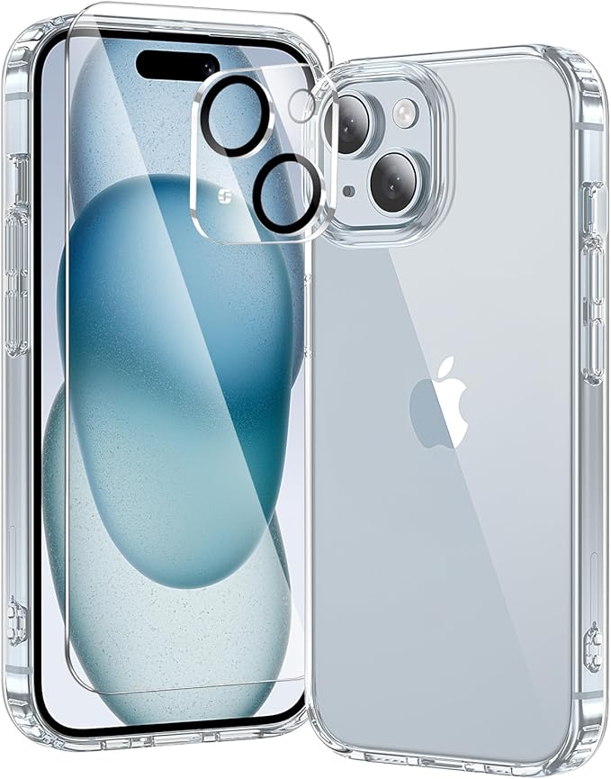 toushion 3 in 1 for iPhone 15 Plus Case Clear,[Yellowing-Resistant Acrylic Back] Screen Protector *1 & Camera Lens Protector*1, Shockproof for iPhone 15 Plus Phone Case 6.7 inch Clear
