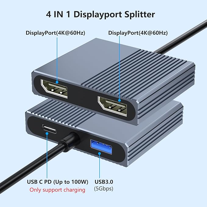 Display Port Splitter for Dual Monitors, 4K@60Hz USB C to Dual DisplayPort Adapter for Dell/HP/Mac Laptops, Type C to Display Port Multiport with USB3.0/PD, Dual Monitor Adapter, Displayport MST Hub