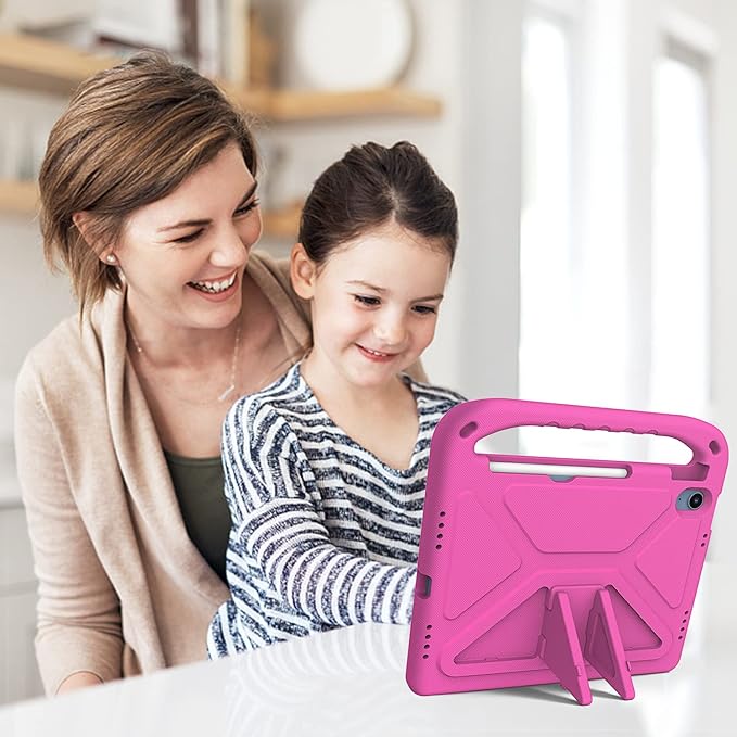 for iPad A16 Case 11th Generation 2025 11 Inch, iPad 10th Generation 10.9" 2022 Case, Kids Friendly Lighweight EVA Foam Shoulder Strap Shockproof Stand Cover for Girls Boys, Rose