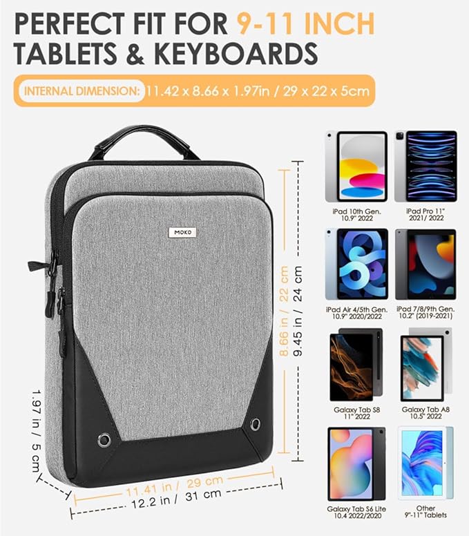 MoKo 9-11 Inch Tablet Sleeve Bag 360° Protetive Carrying Case Compatible with iPad 10th 10.9, iPad Air 5/4th 10.9, iPad 9/8th 10.2, iPad Pro 11, Tab S8/S9 11, with Handle and Shoulder Strap, Gray