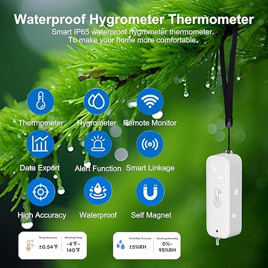 Smart Hygrometer Thermometer: Waterproof Humidity and Temperature Sensor Gauge with App Alert Notification, Indoor and Outdoor Self Magnet WiFi Temperature Sensor, Compatible with Alexa (2 Pack)