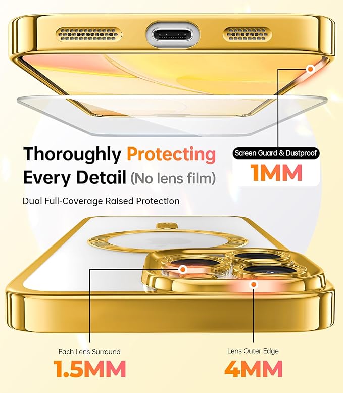 Meifigno Case Designed for iPhone 16 Pro 6.3 Inch, [Compatible with MagSafe] [2X Screen Protectors] [Glitter Card & Wrist Strap] Surround Lens Protection Designed for iPhone 16 Pro Case, Gold