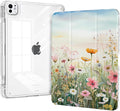 Slim Case for iPad Pro 11 Inch M4 (2024, 5th Generation) & M5 (2025, 6th Gen) with Pencil Holder, Trifold Stand, Shockproof Protective Transparent Clear Back Cover, Watercolor Floral