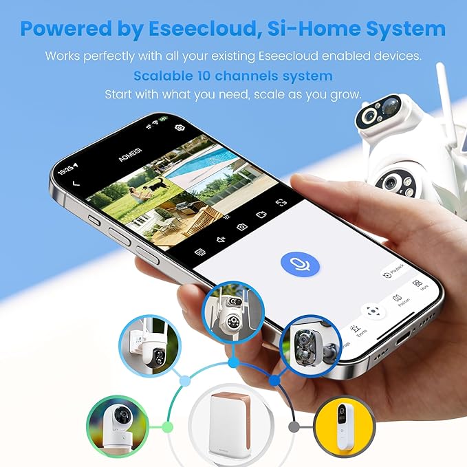Eseecloud Si-Home Dual Lens Solar Security Camera Wireless Outdoor System,5GHz Wi-Fi, Battery Power, Color Night Vision, Two Way Audio, Easy to Setup,AI Motion Tracking,500GB, 180 Days Exchange Policy