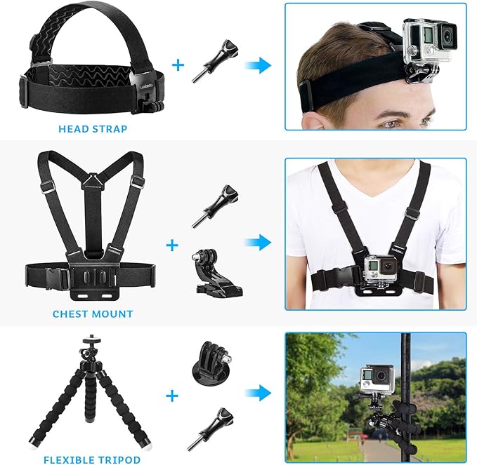 Luxebell Action Camera Accessory Kit for GoPro Hero Black Silver 13 12 11 10 9 8 7 6 5 4 Session Max Akaso Xiaomi Accessories Tripod Head Chest Bike Mount Carrying Case