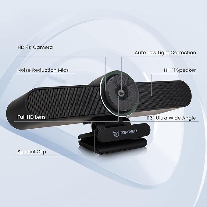 4K Webcam Conference Call TV Room Web Camera with Dual Microphones &Speaker, | All-in-One USB Video Camera, 116° Wide Angle, AI Auto Framing | Compatible with Zoom, OBS