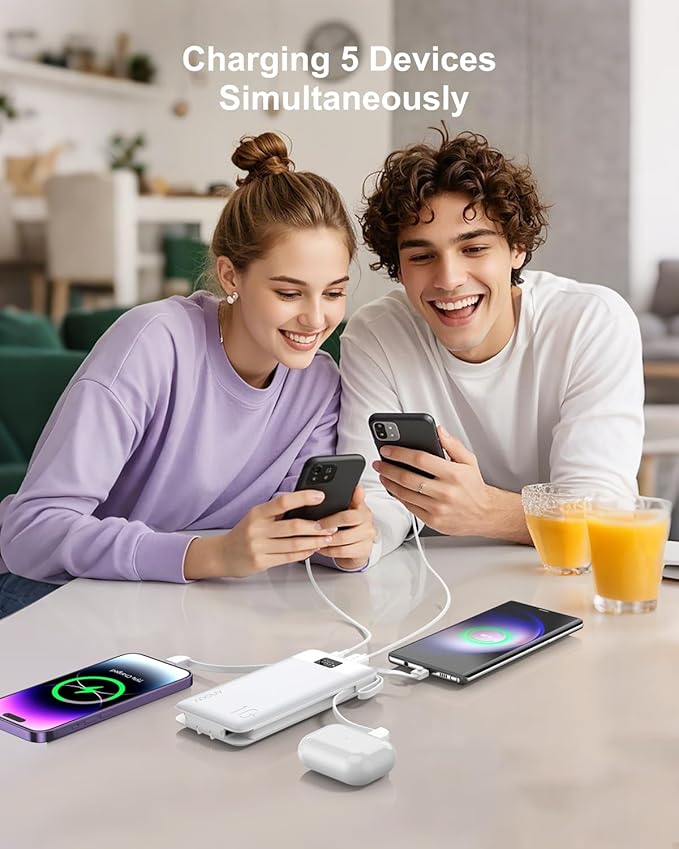 Portable Charger Built-in Cables and AC Wall Plug, 10000mAh 22.5W PD Fast Charging Power Bank, Lightweight Compact Battery Pack Travel Essentials for iPhone 17/16/15/14/13 Series,Samsung,Tablets