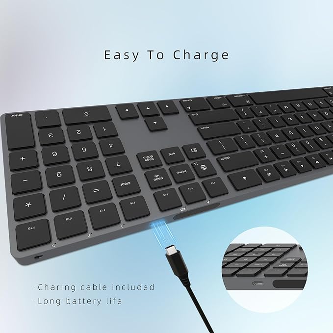 Bluetooth Slim Keyboard for Mac, Aluminum Rechargeable Keyboard Wireless, Low-Profile Silent Flat Key Compatible with Apple iMac, MacBook, Mac and iOS, Full Size - Space Gray