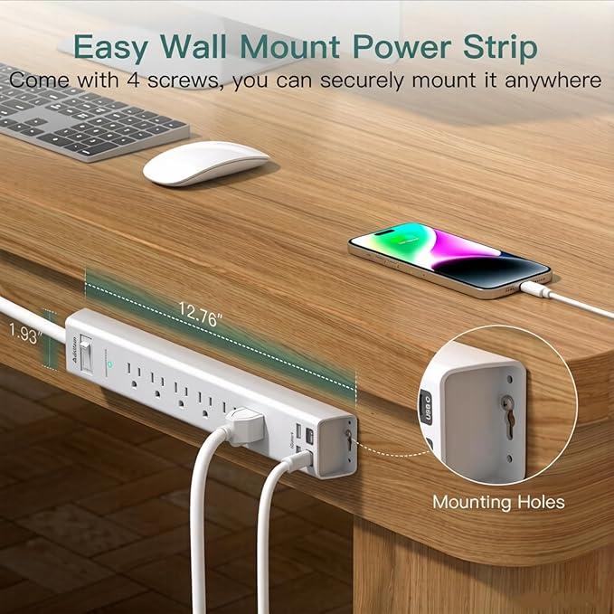 Addtam 15ft Power Strip Surge Protector, 6 Outlets and 4 USB Ports (2 USB C), 15 ft Long Extension Cord with Ultra Flat Plug, Wall Mount Desktop Charging Station for Home Office, Dorm Room