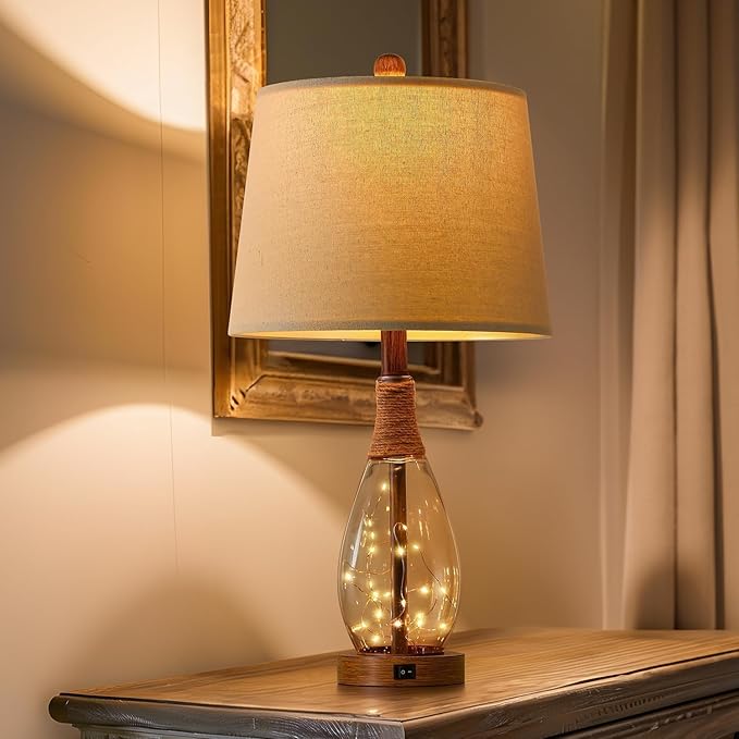 OYEARS 23" USB A+C Table Lamps for Bedroom Living Room Modern Bedside Lamps Retro Farmhouse Rattan Glass Nightstand Nightlight Lamps,Two Light Points