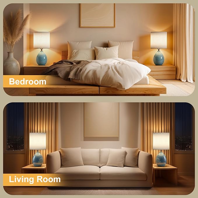 Dawnwake 18.5" Table Lamp Set of 2 for Living Room Bedroom, Bedside Lamps for Night Stands, Desk Nightstand Lamp Dimmable, Modern Linen Cream Ceramic Lamps (Blue)