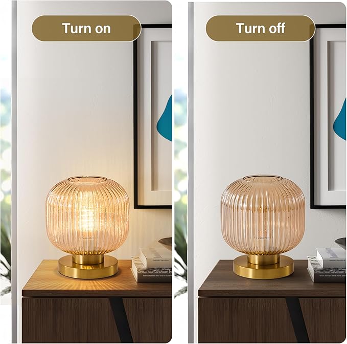 Mid Century Globe Table Lamp: Amber Vintage Pumpkin Ribbed Glass Dimmable Plug in Bedside Lamps - Cute Brass Gold Modern Side Table Lamp Nightstand Light for Bedroom Entryway Office Desk Living Room