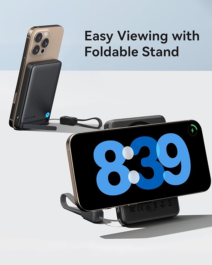INIU Magnetic Power Bank, 15W Wireless Charging, Fast Charging with Attached USB-C Cable, Battery Pack with Stand