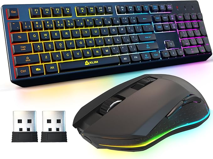 KLIM Chroma Wireless Keyboard and Mouse – RGB Backlit Gaming Combo, Rechargeable Wireless Keyboard & RGB Mouse, Durable & Ergonomic, Dual USB Receivers, Compatible with PC, Mac, PS4, PS5