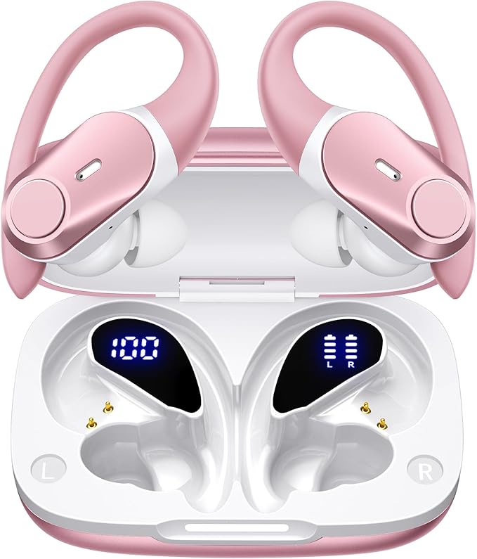 Active Noise Cancelling Wireless Earbuds Bluetooth Headphones 80H Playtime Ear Buds with Power Display Case Hi-Res Sound & Clear Calls Over Ear Hooks Earphones for Sports Running Gym Workout Rose Gold