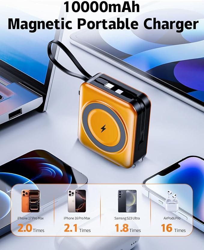 for Magsafe Portable Charger with Built-in Cables and AC Wall Plug, 10000mAh Magnetic Wireless Power Bank 22.5W Type-C in & Out Fast Charging Battery Pack for iPhone 17/16/15/14/13/12 Series, Orange