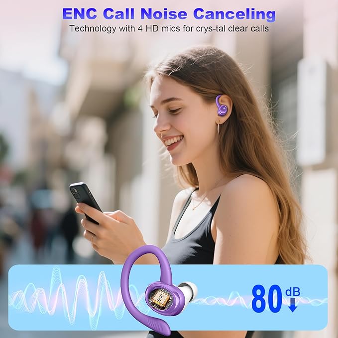 Hupoaf Wireless Earbuds Sport, 2025 Bluetooth 5.4 Headphones with Earhooks, 50H Stereo Deep Bass Over Ear Buds with 4 ENC Noise Canceling Mics, IP7 Waterproof Earphones for Running Workout Gym -Purple