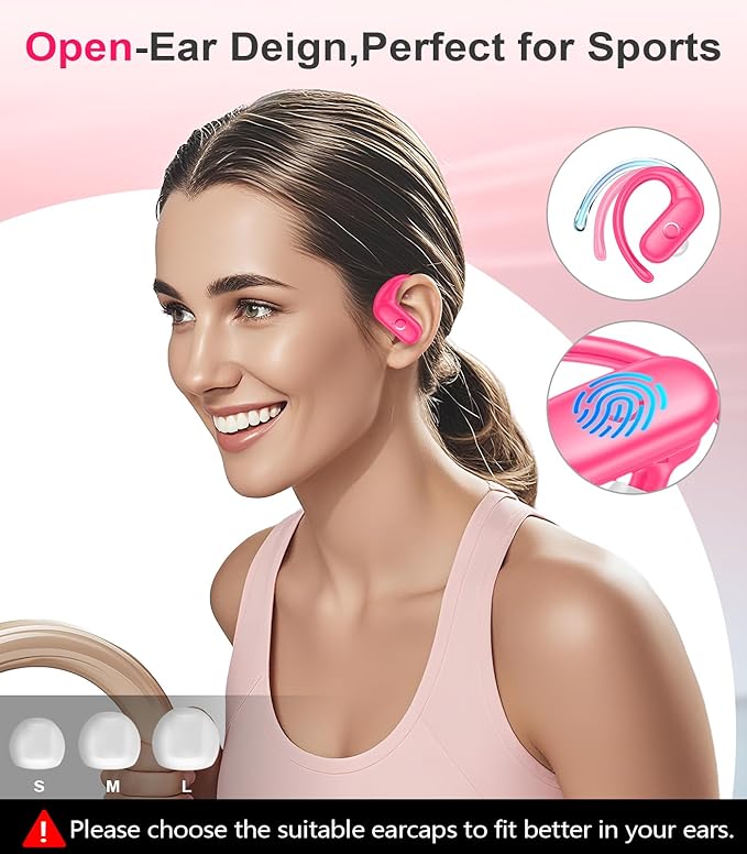 MOZOTER Wireless Earbuds Bluetooth 5.3 Headphones Sport,Over Ear Buds with Deep Bass Sound,60Hrs Playtime Earphones Redesigned Comfort Fit with Earhooks for Running,Meeting,Workout-Pink