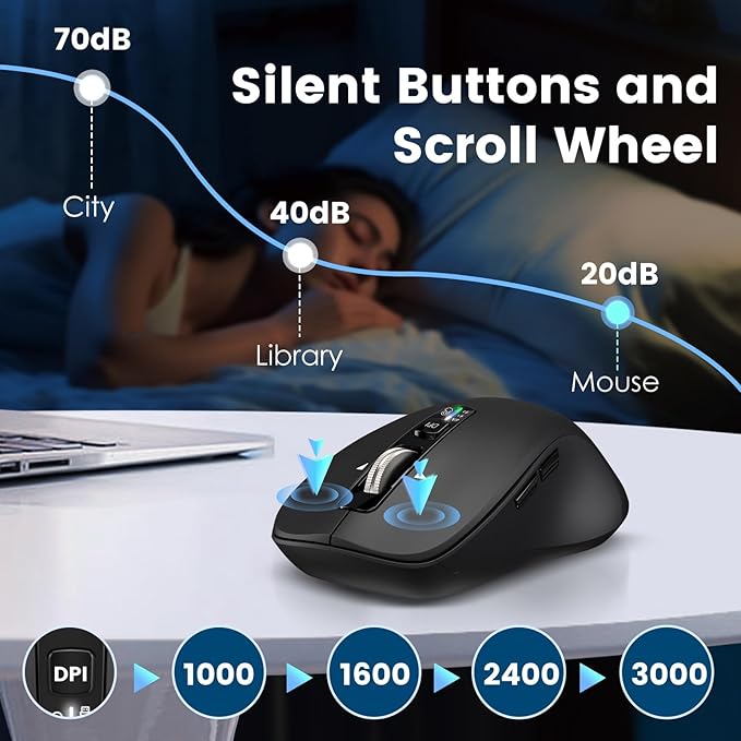 CITLLA Wireless Bluetooth Mouse (USB + BT1 + BT2), Full Size, 4-Way Scrolling, Multi-Device Silent Mouse for Computer, Laptop, iPad, MacBook (Black)