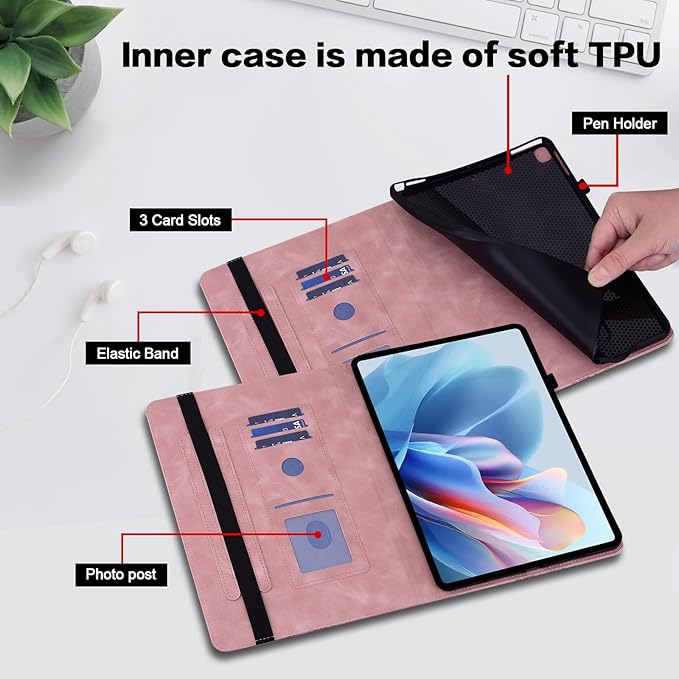 Case for iPad Pro 12.9 inch Case 6th/5th/4th/3rd Generation 2022/2021/2020/2018, Multi Angle Flip PU Leather Shockproof Cover with Pencil Holder/Card Slots, Pink