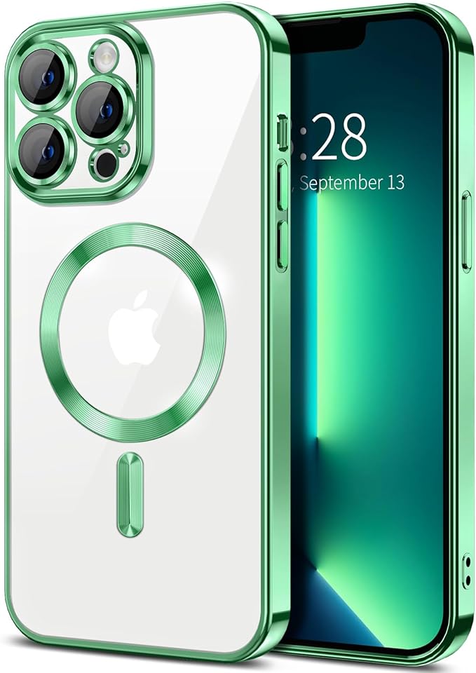 Hython Magnetic Clear for iPhone 13 Pro Max Case with Camera Lens Protector [Compatible with MagSafe] Plating Edge Slim Soft TPU Cover Protective Phone Case for iPhone 13 Pro Max 6.7", Light Green