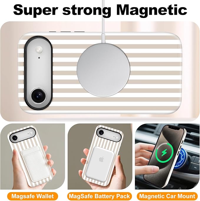 Magnetic for iPhone 17 Air Case Cute Stripes Phone Case, Shockproof Slim TPU and Hard PC Protective Phone Cover Compatible with MagSafe Designed for Women Girls, Apricot