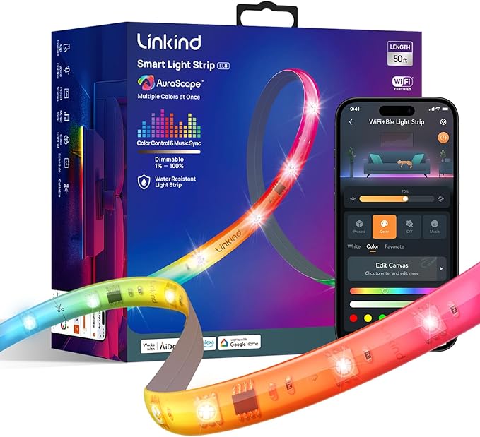 Linkind LED Strip Lights RGB 50ft, Smart Light Strip Work with Alexa and Google Home, App Control Music Sync Segmented Color Changing Led Lights for Bedroom Kitchen