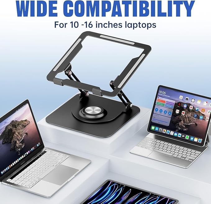 JOYEKY Laptop Stand for Desk, Adjustable Computer Stand with 360° Rotating Base, Ergonomic Laptop Riser for Collaborative Work, Foldable & Portable Laptop Stand, fits for All 10-16" Laptops (Black)