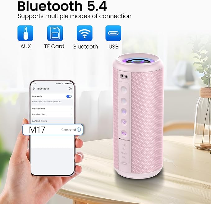 Portable Bluetooth Speaker, 2026 Bluetooth 5.4 Wireless Speaker with 20W HD Loud Stereo Sound, TWS Pairing, 20H playtime, RGB Lights, IP7, Built-in Mic, for Outdoor, Home, Beach, Party, Gift, Pink