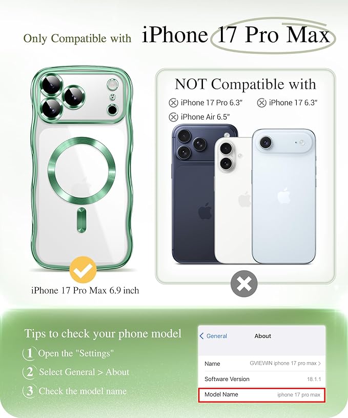GVIEWIN for iPhone 17 Pro Max Case Compatible with MagSafe, Upgraded [Full Camera Protection][Cute Wave Frame][Military Grade Protection] Electroplated Hard Phone Cover for Women Girl, Clear/Green