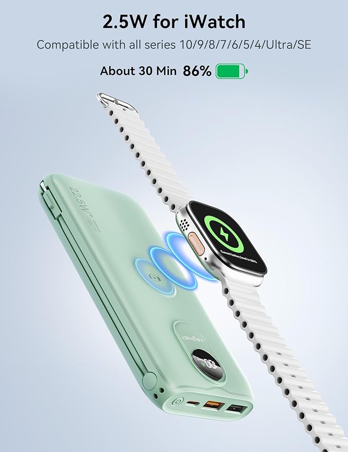 Portable Charger, 10000mAh 22.5W Power Bank Fast Charging with Wall Plug, Built-in Cables, LED Display, Compact Lightweight USB C Travel Battery Pack for iPhone 17/16, Android Cell Phone, Pad, iWatch
