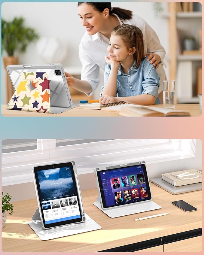 Uppuppy for iPad Air 11 inch Case(Air M4 2026, 8th Gen/M3 2025/M2)/Air 5th/4th Gen 10.9", for iPad Pro 11 inch Case(4th/3rd/2nd/1st Gen) - 360 Rotating Smart Folio Cover with Pencil Holder, Stars