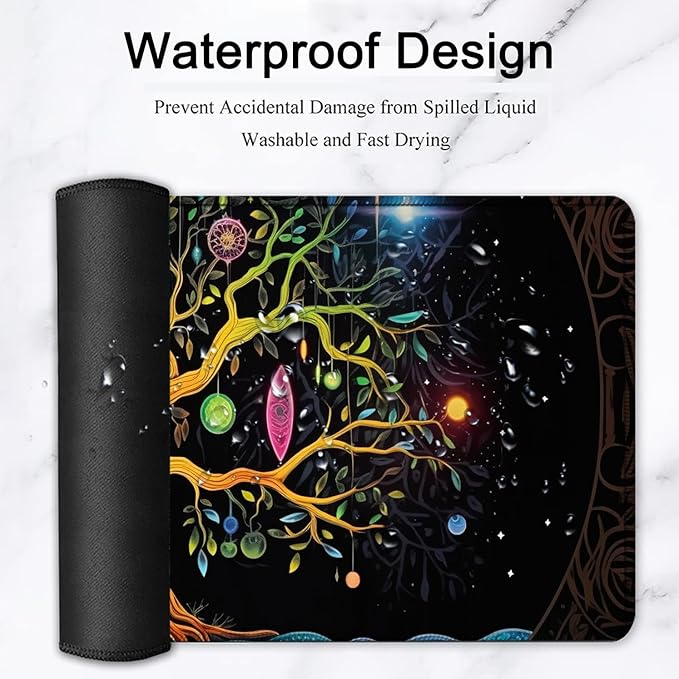Large Mouse Pad, 31.5 x 11.8in Extended Gaming Mouse Pad with Stitched Edges, XXL Mousepad Protector Non Slip Rubber Base for Office and Home Writing Mat, Colorful Tree of Life Pattern Black Desk Mat