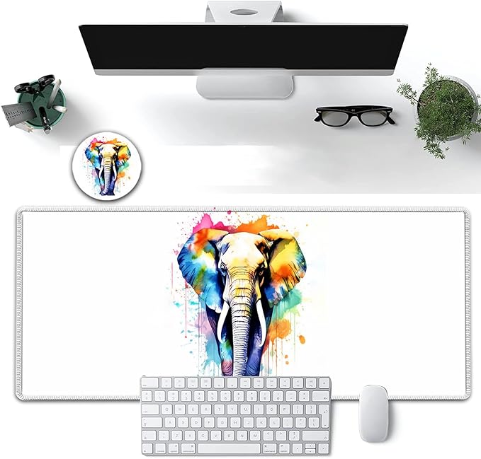 Large Mouse Pad, 31.5 x 11.8in Extended Gaming Mouse Pad with Stitched Edges, XXL Mousepad Protector Non Slip Rubber Base for Office and Home Writing Mat, Painted Elephants Pattern White Desk Mat