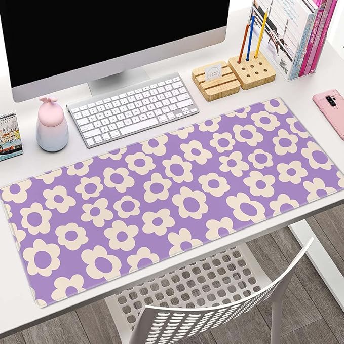 Gaming Large Mouse Pad with Stitched Edges, Vintage Groovy Flowers Purple Desk Mat, Extended Keyboard Pad, Non-Slip Rubber Base Desk Pad for Keyboard and Mouse, 31.5X11.8 inch
