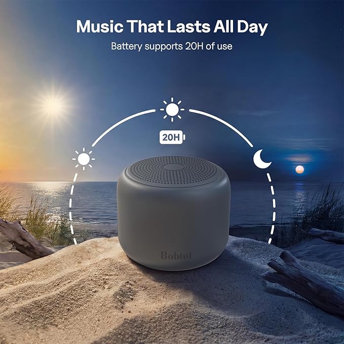 Bobtot Portable Bluetooth Speakers with Strap Easy to Carry, Wireless Waterproof Mini Speaker with Loud Stereo Sound, 20 Hours Playtime, Rechargeable Battery, Built-in Microphone, Dark Gray