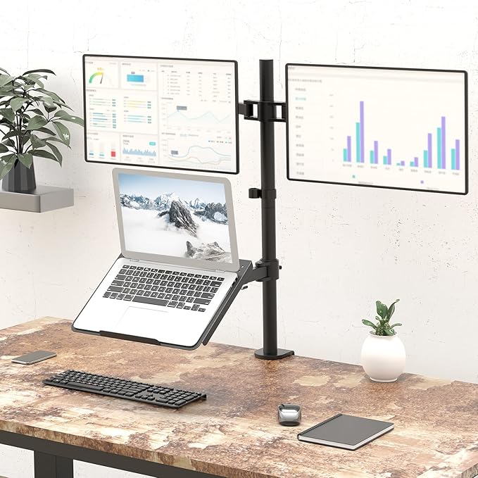 WALI Triple Arm Laptop and Dual Monitor Desk Mount for 17" Notebook and Up to 27" Screens, Extra Tall Adjustable Monitor Stand with Laptop Tray, VESA 75x75 100x100, Black (M002XLLP)