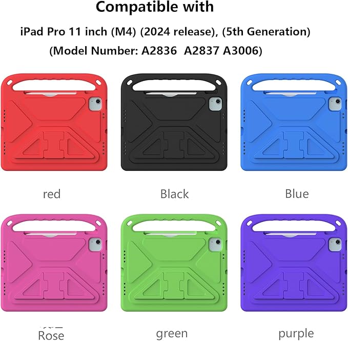 Kids Case for iPad Pro 11 Inch (M5) 2025/ (M4) 2024, with Pencil Holder/Kickstand/Handle Stand Lightweight Cute Soft EVA Shockproof Silicone Anti-Slip Grip Rugged Girls Boys Cover, Black